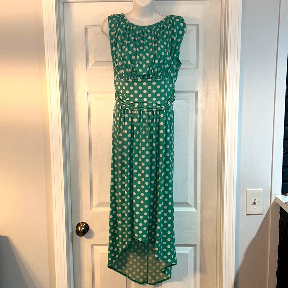 High low, bright green and white polka dot dress